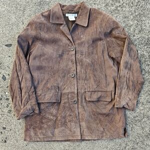 Brown Suede Jacket Genuine Leather Vintage Womens Large Button Down Moto Western